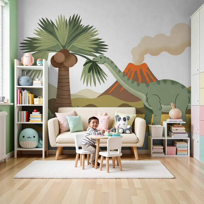 Papel pintado infantil | Dinosaurios divertidos en un paisaje prehistórico