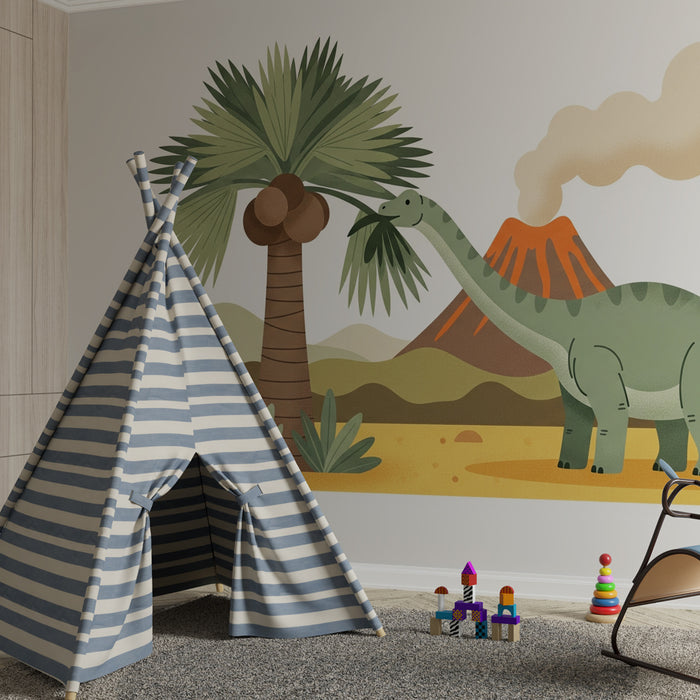 Papel pintado infantil | Dinosaurios divertidos en un paisaje prehistórico