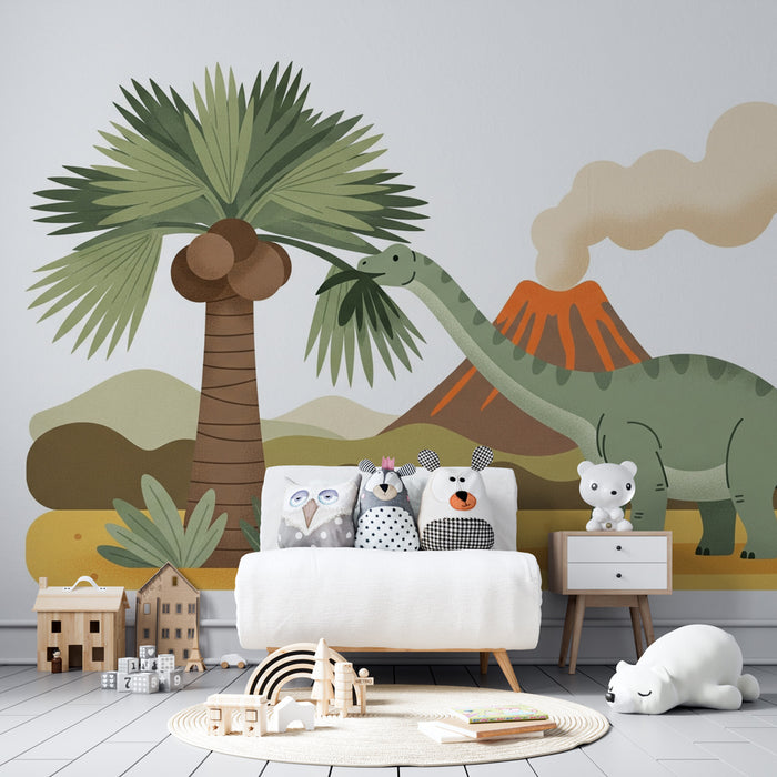 Papel pintado infantil | Dinosaurios divertidos en un paisaje prehistórico