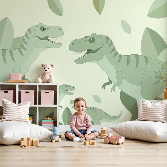 Kids room wallpaper | Fun dinosaurs in a lush jungle