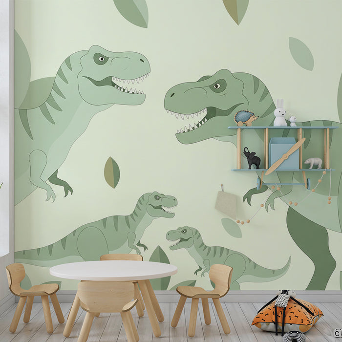 Kids room wallpaper | Fun dinosaurs in a lush jungle