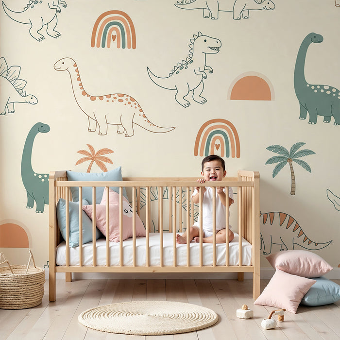 Kinderzimmer Tapete | Lustige Dinosaurier und Regenbogen auf weichem Hintergrund