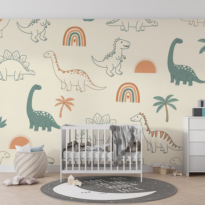 Kinderzimmer Tapete | Lustige Dinosaurier und Regenbogen auf weichem Hintergrund