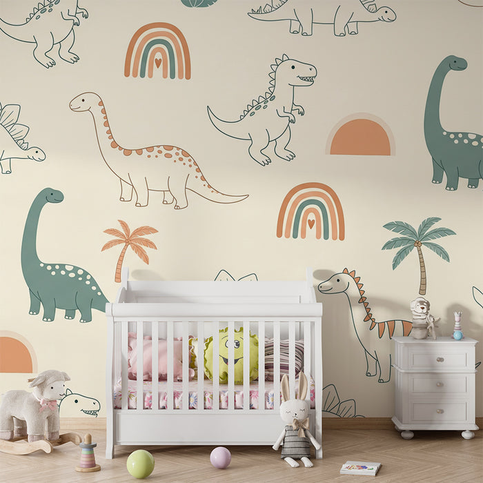 Kinderzimmer Tapete | Lustige Dinosaurier und Regenbogen auf weichem Hintergrund