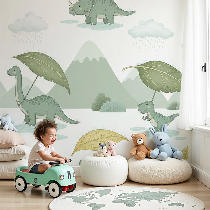Kinderkamer behang | Grappige dinosaurussen in de regen met bladerparaplu's