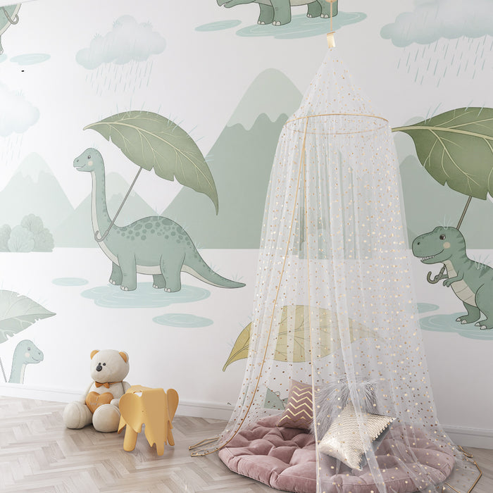 Kinderkamer behang | Grappige dinosaurussen in de regen met bladerparaplu's