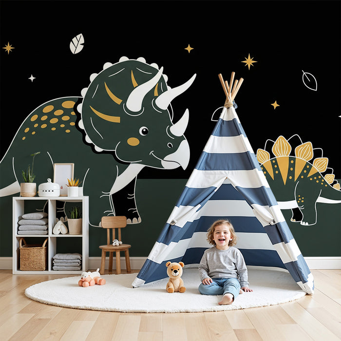 Kids room wallpaper | Fun dinosaurs under a starry sky