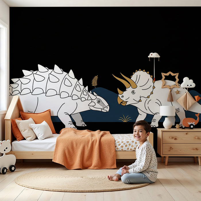 Kids room wallpaper | Fun dinosaurs on a black background