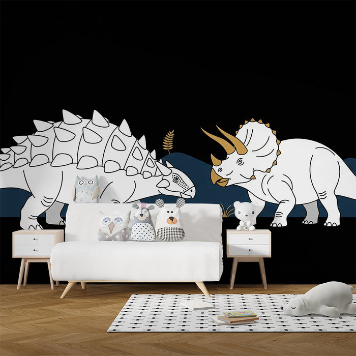 Kids room wallpaper | Fun dinosaurs on a black background