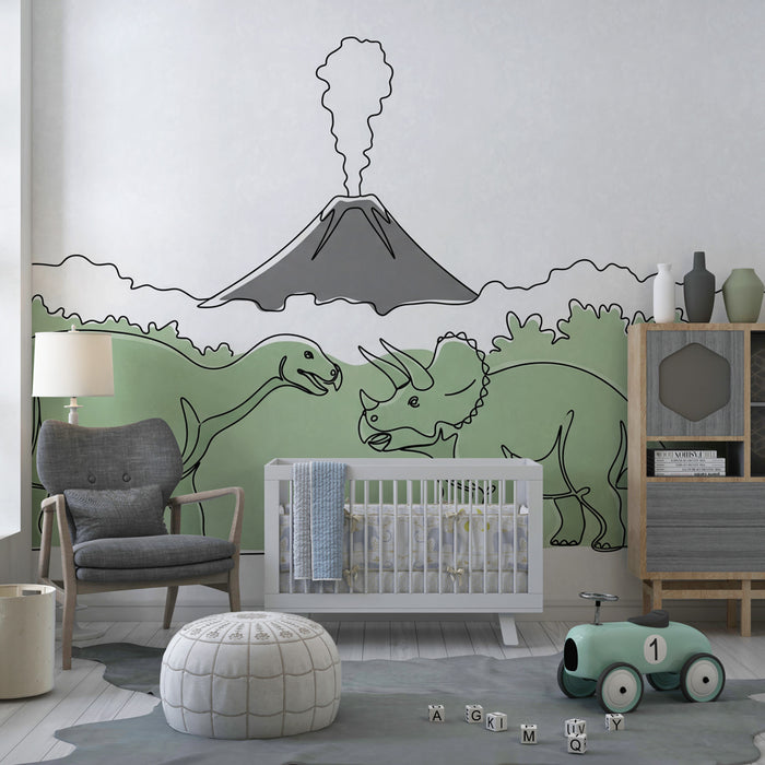Dětská pokojová tapeta | Dinosaury u sopky