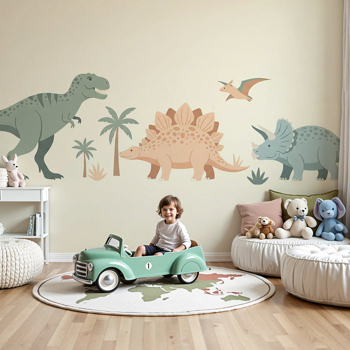 Kinderzimmer Tapete | Bunte Dinosaurier in einer prähistorischen Umgebung