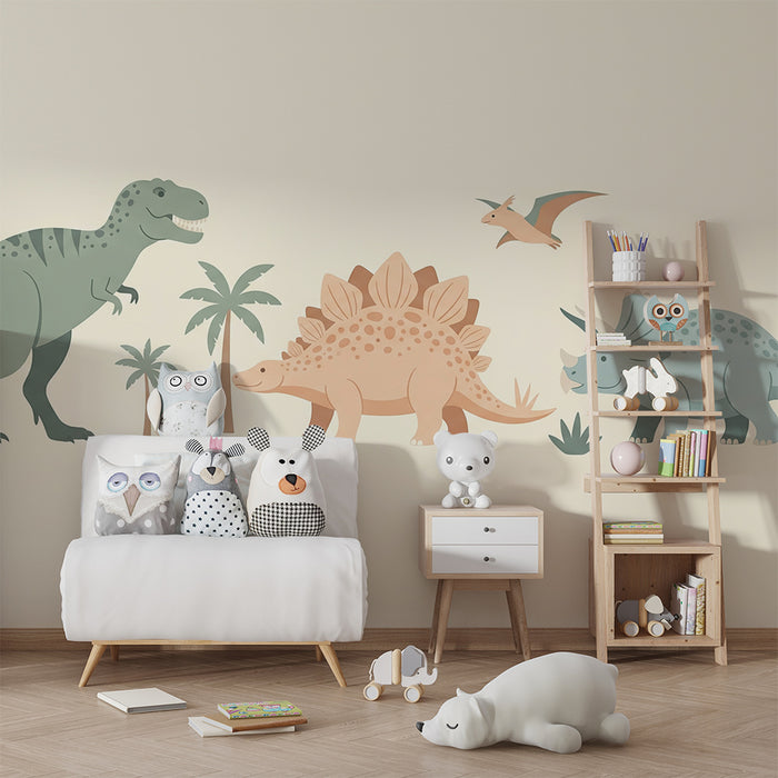 Kinderzimmer Tapete | Bunte Dinosaurier in einer prähistorischen Umgebung