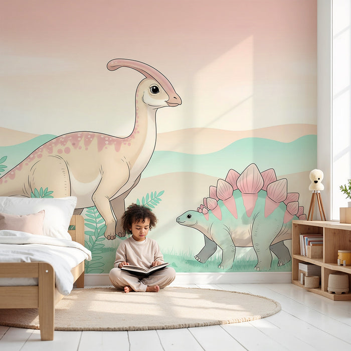 Kinderzimmer Tapete | Bunte Dinosaurier in einer sanften Landschaft