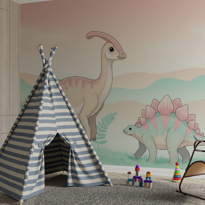 Kinderzimmer Tapete | Bunte Dinosaurier in einer sanften Landschaft