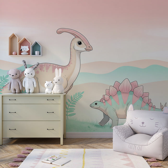 Kinderzimmer Tapete | Bunte Dinosaurier in einer sanften Landschaft