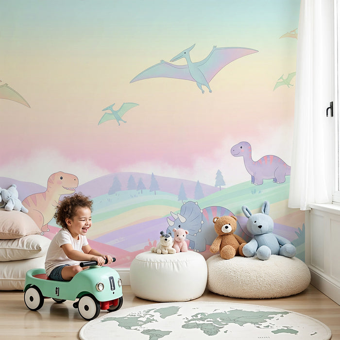 Kids room wallpaper | Värvilised dinosaurused pastelse maastiku taustal