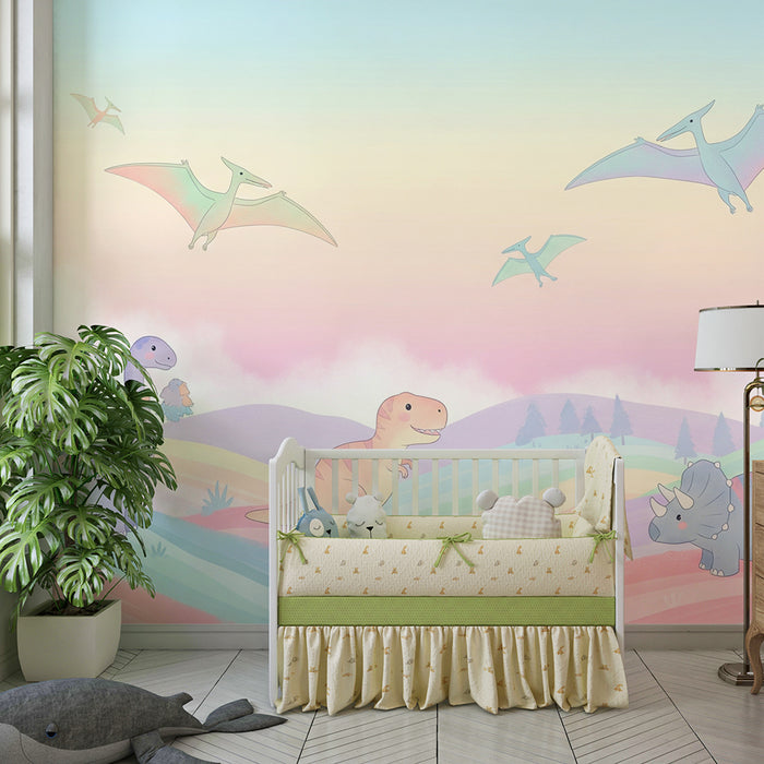 Kids room wallpaper | Värvilised dinosaurused pastelse maastiku taustal