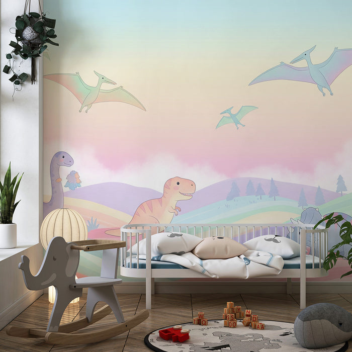 Kids room wallpaper | Värvilised dinosaurused pastelse maastiku taustal