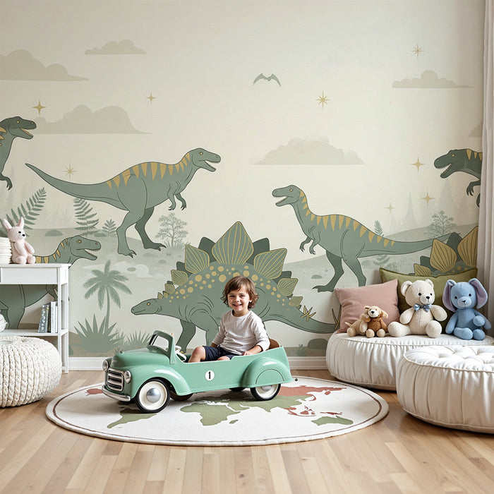 Tapeta dětského pokoje | Barevní dinosauři v prehistorické krajině