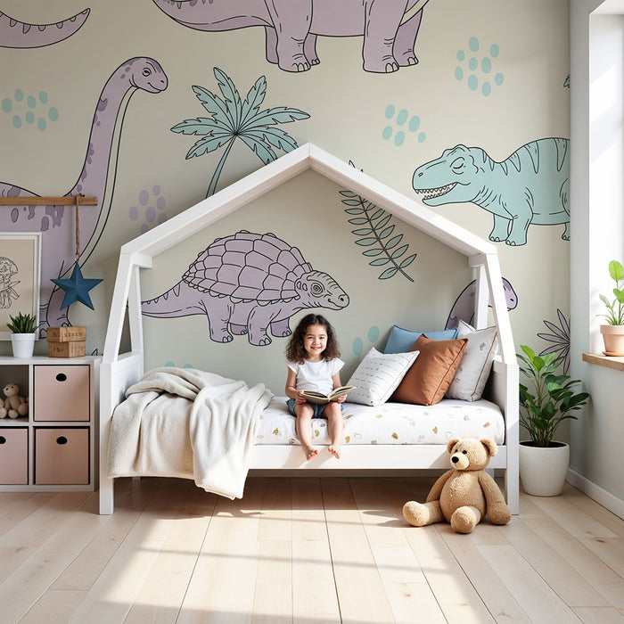Kinderkamer behang | Kleurrijke dinosaurussen en tropisch bladgroen