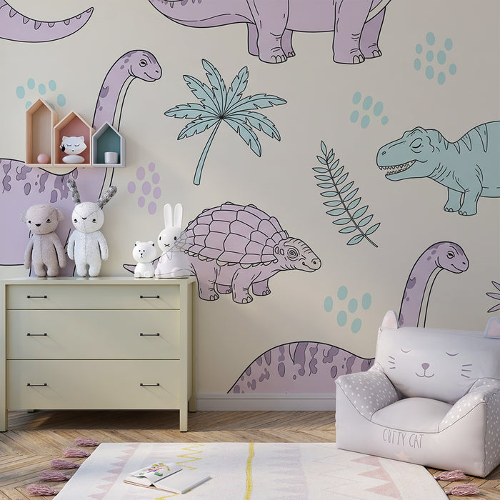 Kinderkamer behang | Kleurrijke dinosaurussen en tropisch bladgroen