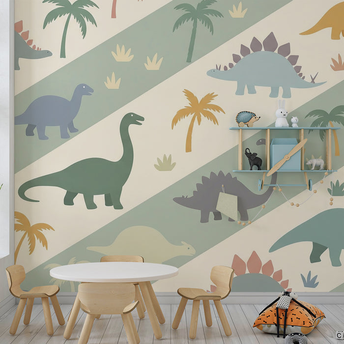 Detská izba tapéta | Farebné dinosaury a palmy na jemnom pozadí