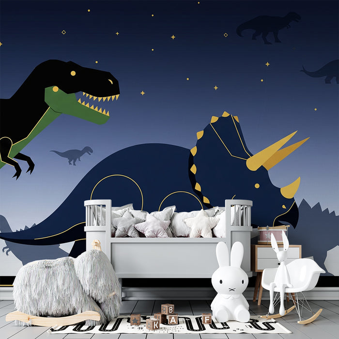 Kids room wallpaper | Colorful dinosaurs under a starry sky