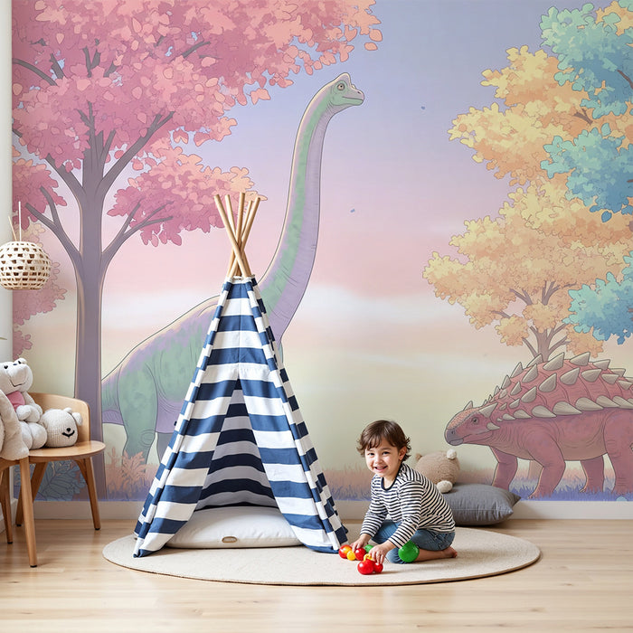Papel de parede criança | Coloridos dinossauros sob um céu pastel