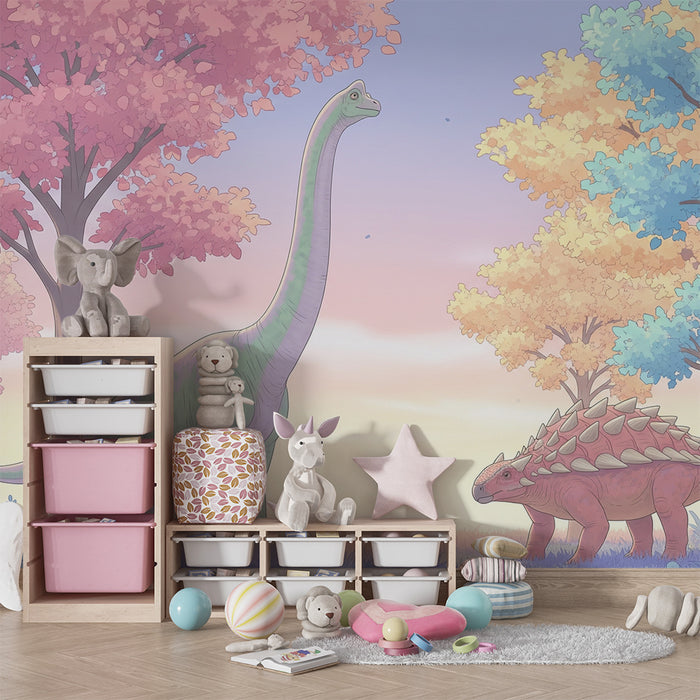 Papel de parede criança | Coloridos dinossauros sob um céu pastel