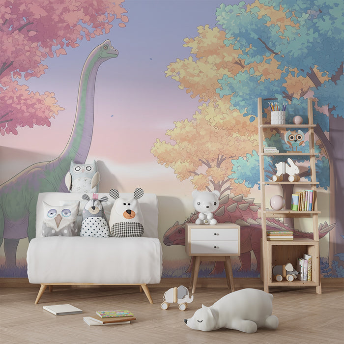 Papel de parede criança | Coloridos dinossauros sob um céu pastel