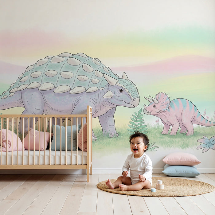 Tapet camera copil | Dinozauri dulci într-un peisaj pastel