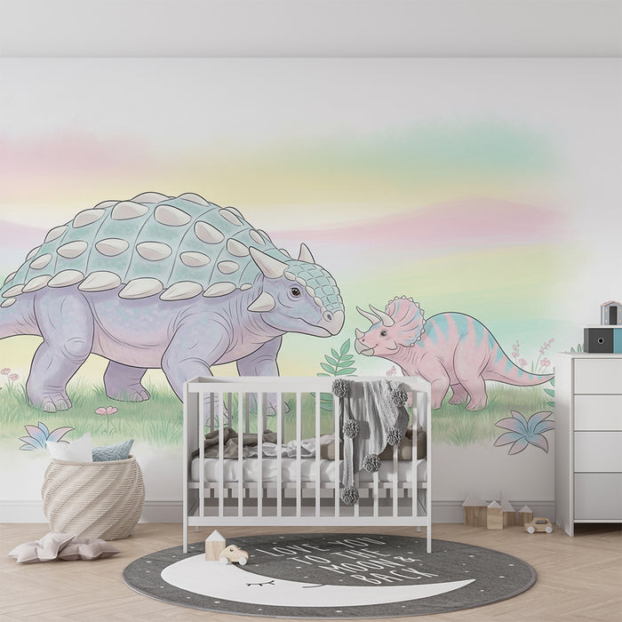 Tapet camera copil | Dinozauri dulci într-un peisaj pastel
