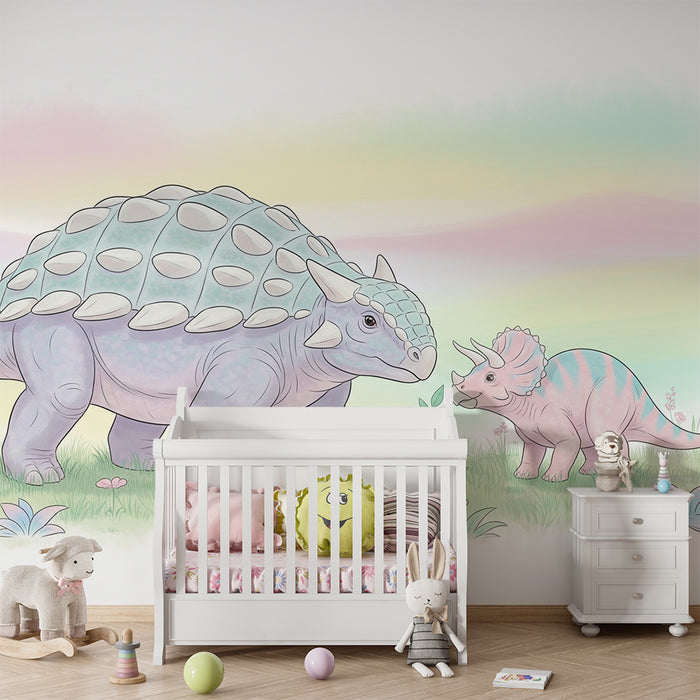 Tapet camera copil | Dinozauri dulci într-un peisaj pastel