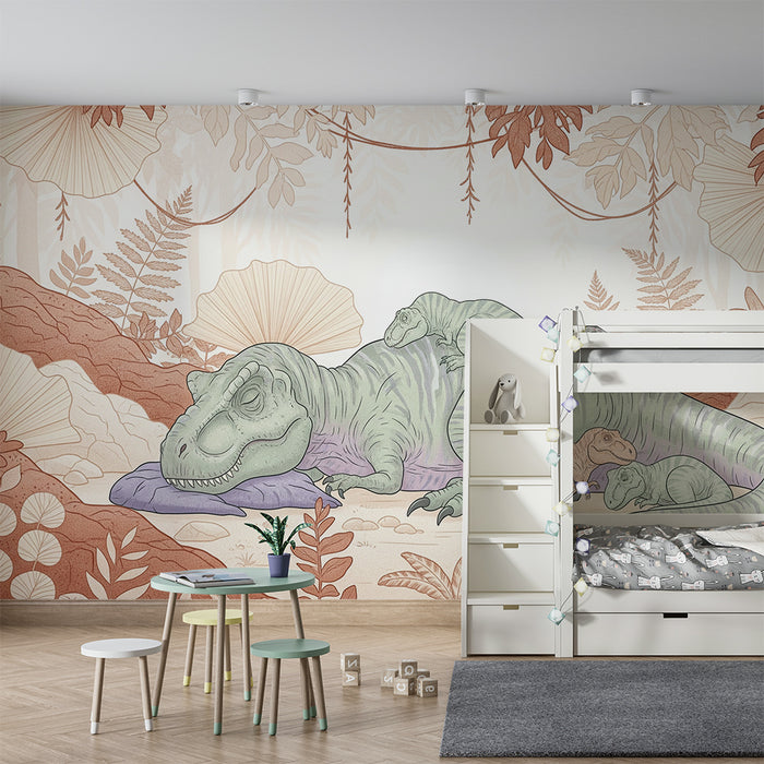 Kinderkamer behang | Slapende dinosaurussen in een rustgevende prehistorische omgeving