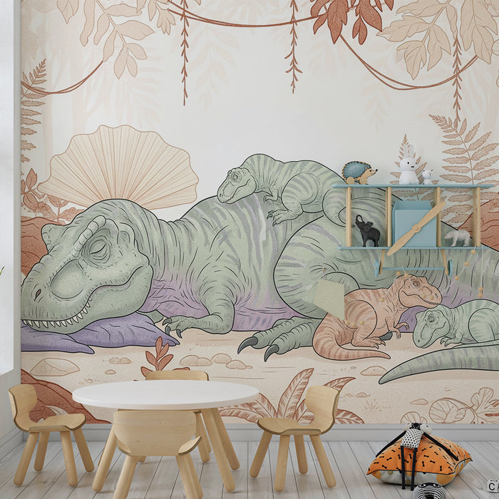 Kinderkamer behang | Slapende dinosaurussen in een rustgevende prehistorische omgeving