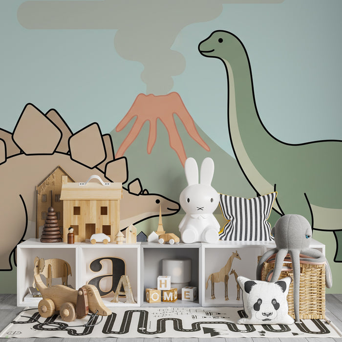 Kids room wallpaper | Dinosaurs and volcano