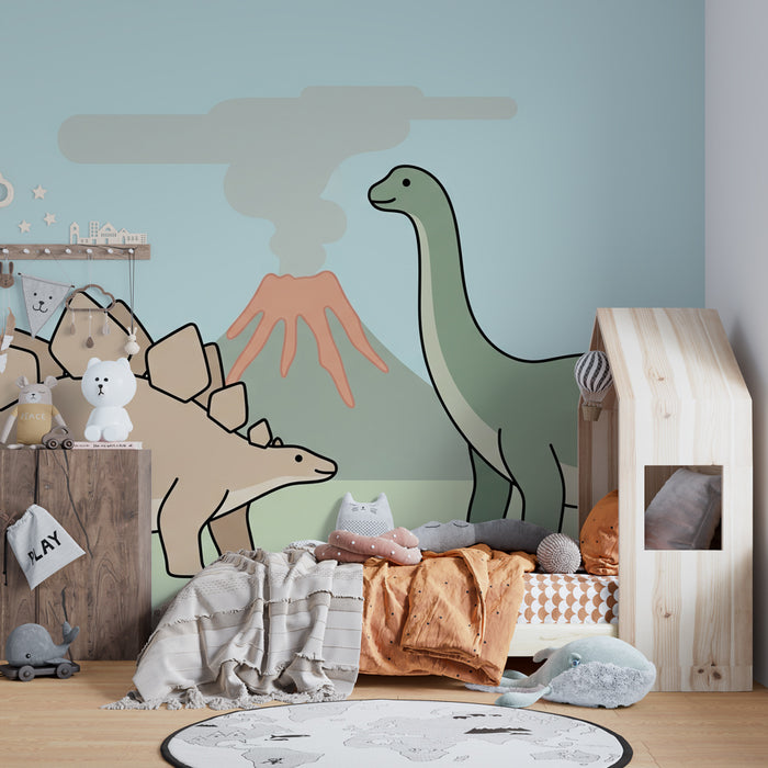 Kids room wallpaper | Dinosaurs and volcano