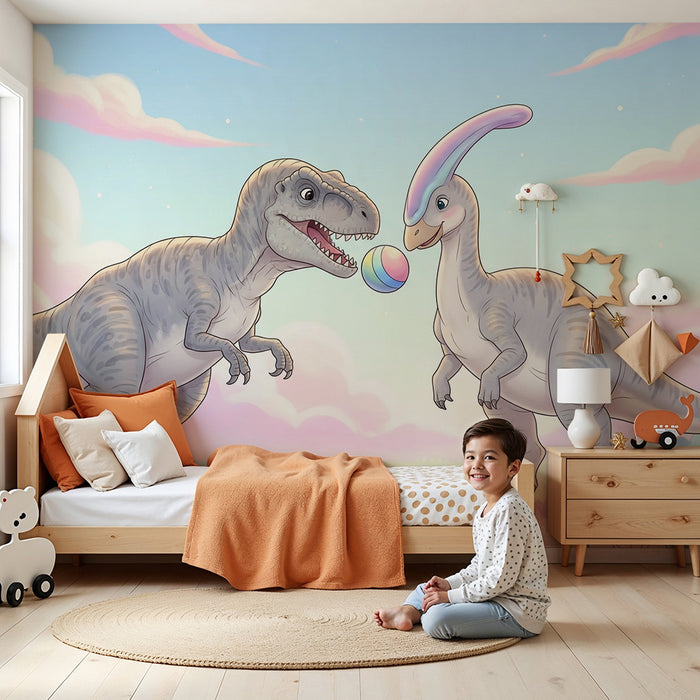 Barntapet | Spelande dinosaurier i en pastellandskap
