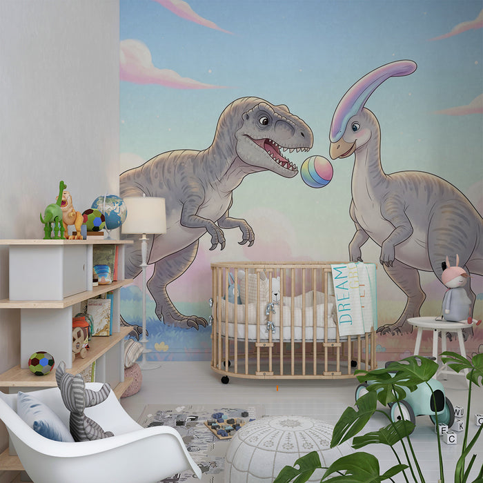 Barntapet | Spelande dinosaurier i en pastellandskap