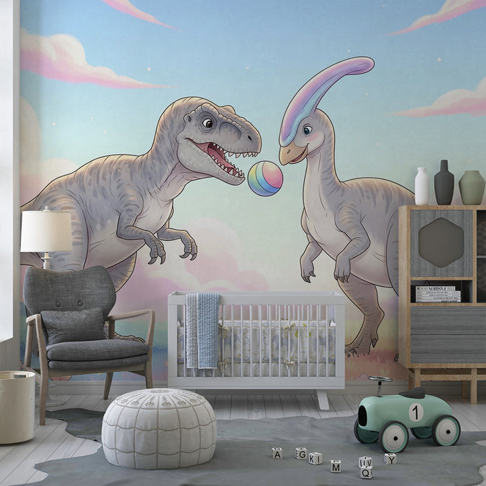 Barntapet | Spelande dinosaurier i en pastellandskap