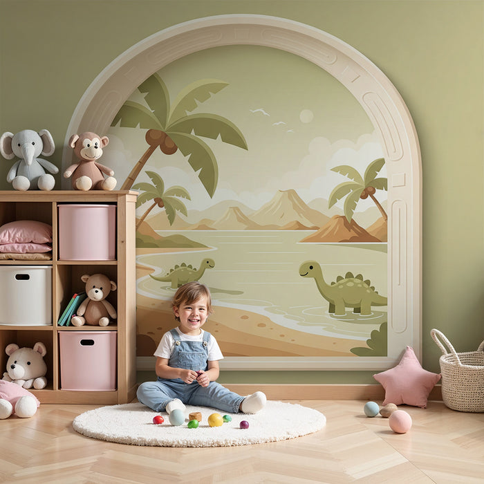 Papier peint chambre enfant | Dinosaures joyeux au bord de la mer avec palmiers