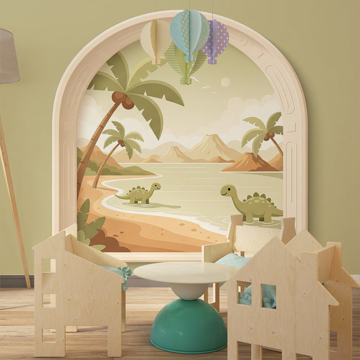 Papier peint chambre enfant | Dinosaures joyeux au bord de la mer avec palmiers