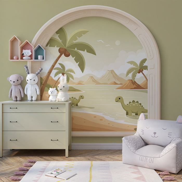 Papier peint chambre enfant | Dinosaures joyeux au bord de la mer avec palmiers