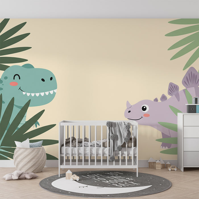 Papel de parede criança | Dinozauri fericiți ascunși în spatele frunzelor tropicale