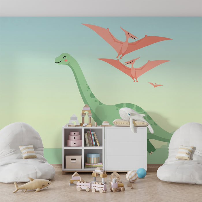 Tapet barnerom | Glade dinosaurer i et pastellandskap