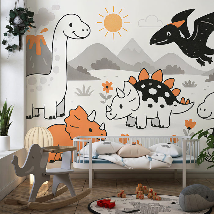 Lastenhuoneen tapetti | Iloiset dinosaurukset esihistoriallisessa maisemassa