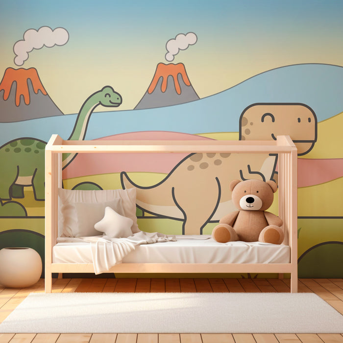 Papier peint chambre enfant | Dinosaures joyeux en pleine nature