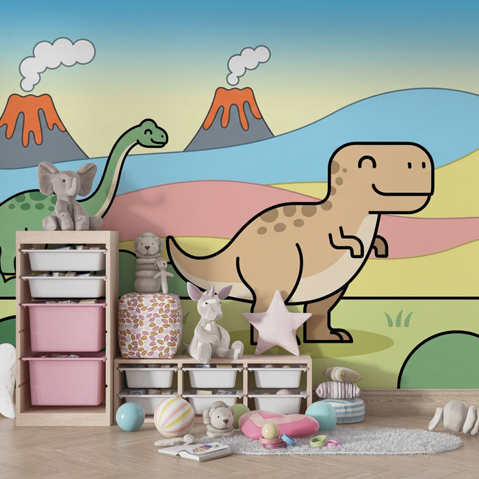 Papier peint chambre enfant | Dinosaures joyeux en pleine nature