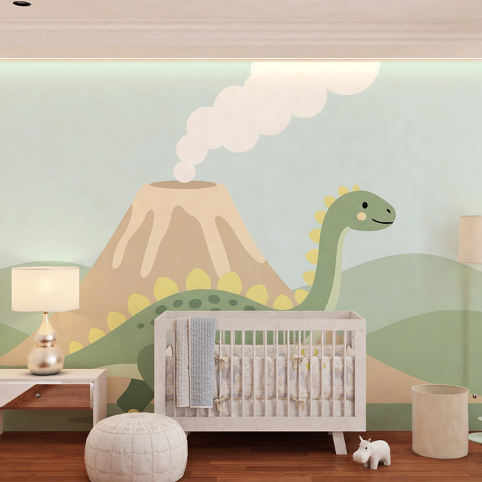 Papel pintado infantil | Dinosaurios felices y volcán