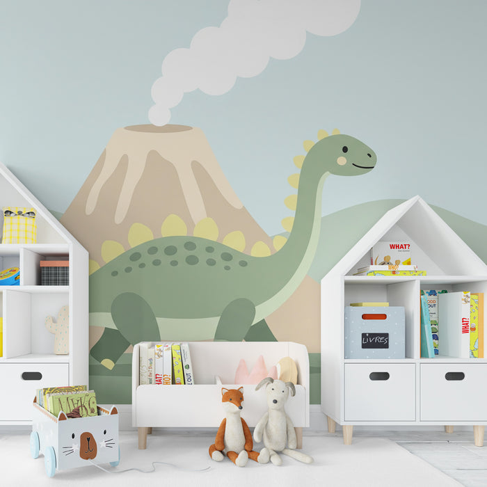 Papel pintado infantil | Dinosaurios felices y volcán
